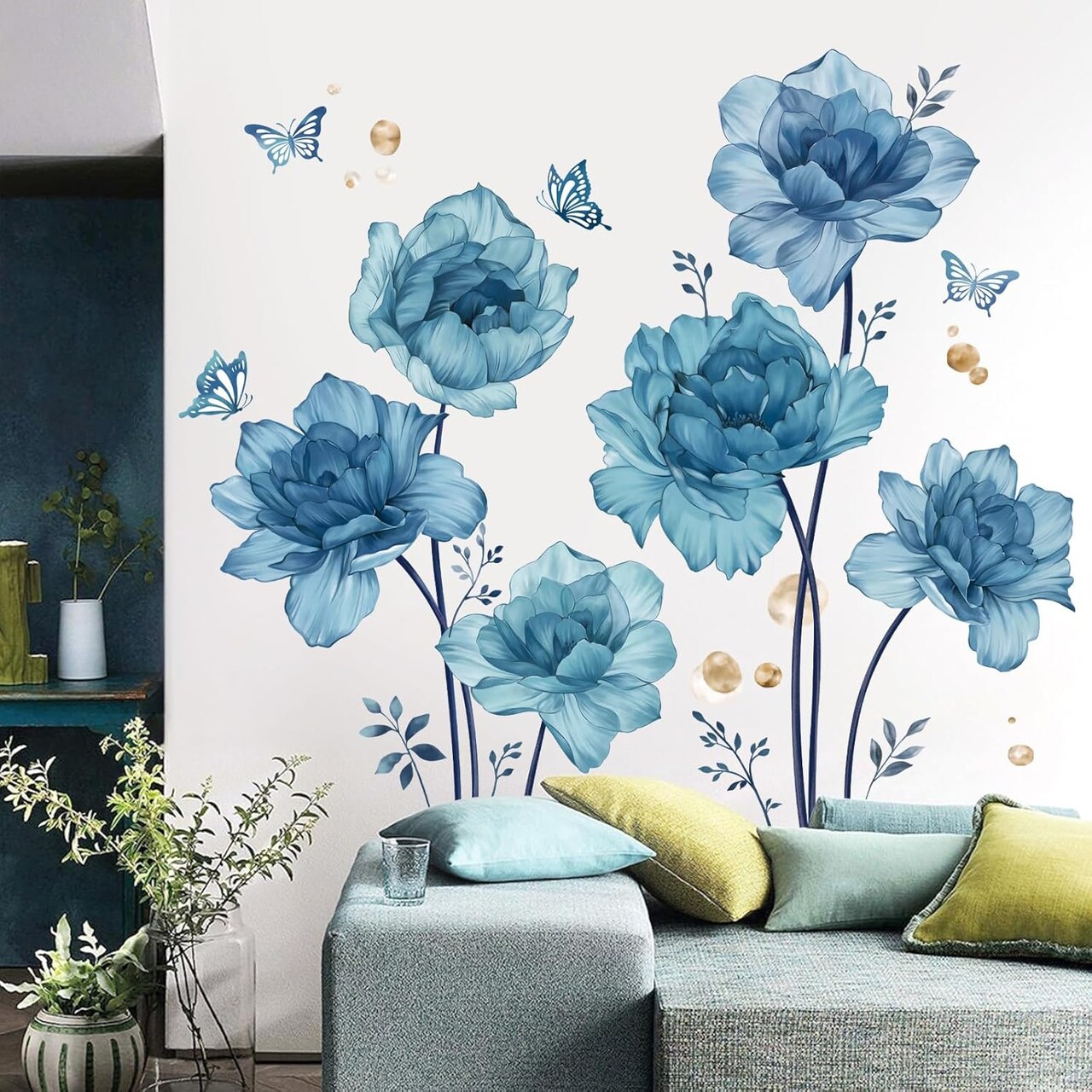 Large Blue Flowers Wall Stickers Peony Floral Plants Butterfly Peel